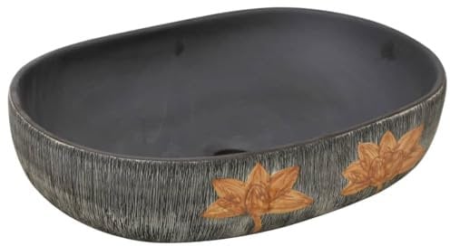 vidaXL Aufsatzwaschbecken, Oval Waschbecken mit Muster, Handgefertigt Waschtisch Waschschale für Badezimmer, Handwaschbecken Spülbecken, Grau Schwarz 59x40x14cm Keramik
