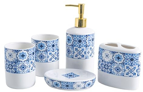 Tauzveok Seifenspender Set Keramik Blau, 5 teiliges Badezimmer Zahnputzbecher Set, mit Bad Seifenspender, Zahnputzbecher, Zahnbürstenhalter und Seifenschale, Pump Heads, Badorganizer,Blau