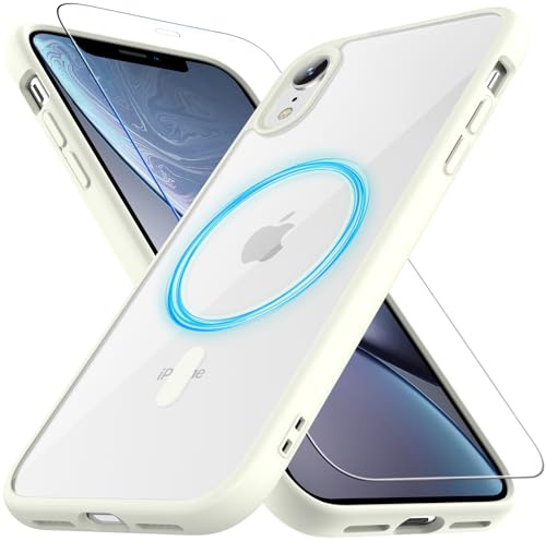 Fin2feel Coque pour iPhone XR avec Verre Trempé, Compatible avec MagSafe, Protection Antichoc Militaire Étui de Protection Housse Anti-Rayures Anti-jaunissement Coque Magnétique pour iPhone XR Blanc