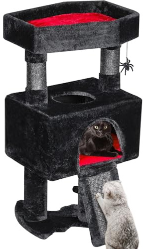 BEWISHOME Gottischer Baum für Katzen mit Sarg, Gothic-Turm mit breiter Eigentumswohnung, weichem Kissen, Kratzbaum und hängender Kugel