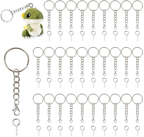 30 Stück Schlüsselanhänger Set - 25mm Schlüsselringe Mit Kette, Rohlinge Zum Basteln, Schrauböse Pins