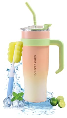 Meijunter 40oz Gobelet Thermique Double Thermos pour Boissons au Café Mug en Acier Inoxydable Bouteille de Voyage Isolé Portable Avec Poignée Paille & Brosse pour Gobelet éponge