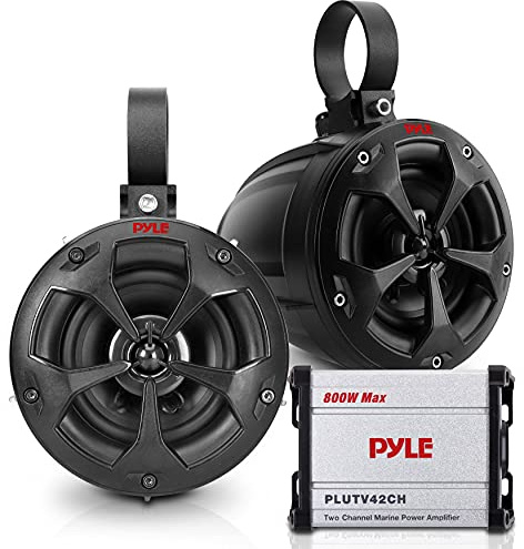 Pyle 800W Marine Speakers with Amplifier - 4 Waterproof Full Range Water Resistant Stereo Tower Speakers System with RCA, AUX, and MP3 Audio Input Cable for ATV, UTV, 4x4, Quad, Jeep, Boat