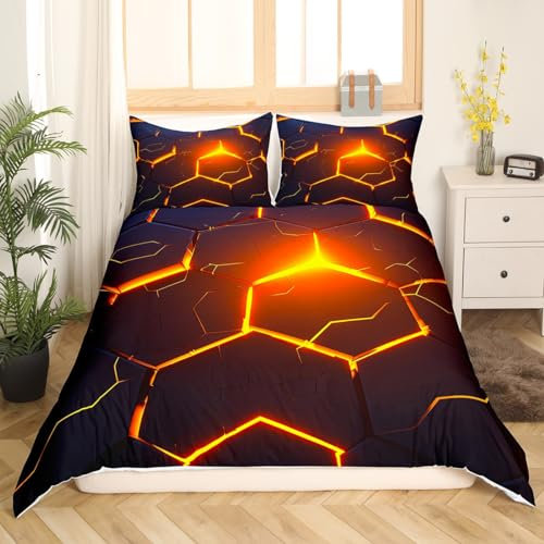 Honeycomb Bettbezug 135x200 für Kinder Jungen - Schwarz und Gold Geometrische Hexagon Muster Bettwäsche Set mit Gold Trim Bienenstock Design