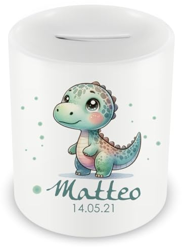 Samunshi® Kinder Spardose mit Namen und Süßer Dino als Motiv für Kinder - Jungen und Mädchen Sparschwein 330ml weiß