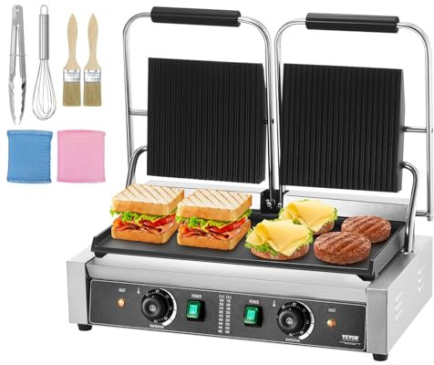 VEVOR Plancha Panini Comercial, Sandwichera Eléctrica 3600 W, Parrilla Doble de Acero Inoxidable, con Control de Temperatura y Placa Plana Esmaltada para Hamburguesa Filete Tocino, 570 x 410 x 215 mm
