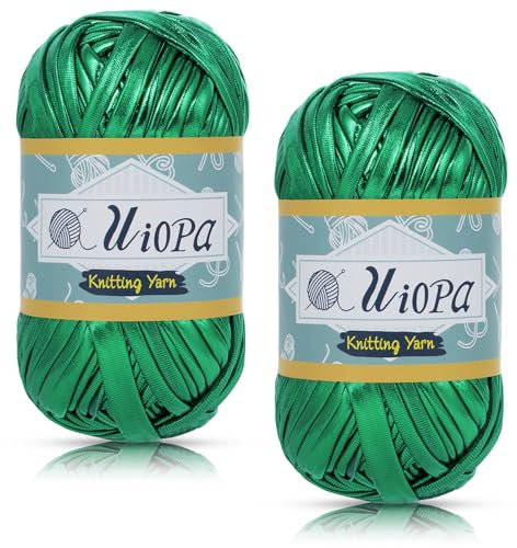 Uiopa Metallic T-Shirt Garn, 2 x 100g(2 x 45m) Bändchengarn Polyester Häkelgarn, Dickes Garn Crochet Yarn für Häkeltaschen, Körbe, Teppiche, Heimdekoration, DIY-Projekt (Smaragdgrün)