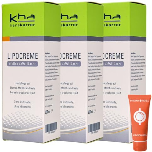 Hans Karrer Lipocreme Mikrosilber 3x 200 ml I Intensivpflege bei trockener Haut I Gesicht und Körper I Hautpflege I Feuchtigkeit I Hautschutz I ab 1 Jahr geeignet I Spar-Set plus Pharma-Perle giveaway