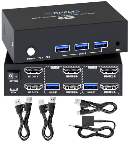 4K HDMI KVM Switch 2 PC 2 Monitors with 3 USB Ports,4K@60Hz USB 3.0 KVM Switches for 2 Computers Share 2 Monitors and 4 USB Devices such as Keyboard, Mouse, Hard Drive