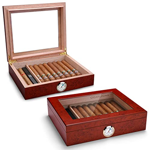 CIGARLOONG Cigar Humidor 20-25 Desktop Cedar Wood Cigar Storage Box with Hygrometer and Humidifier – Cherry Finish, Keep Cigars Fresh for Home Office Gift for Men