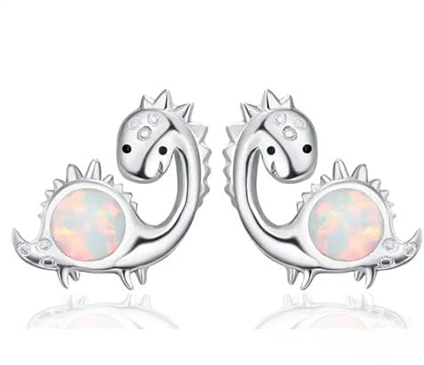 VICKWOOD 925 Dino Ohrringe aus echt 925 Silber Dinosaurier Ohrstecker mit Opal in Silber Geschenk für Kinder/Mädchen (Dino_Opal)