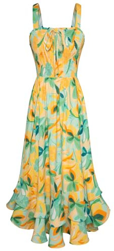 Sommerkleid Damen Knielang A-Linie Blumenkleid Ärmellos Maxikleid Spaghettiträger Kleid Strandwear Holidy Kleid L Grüne Blätter Gelbe Blumen