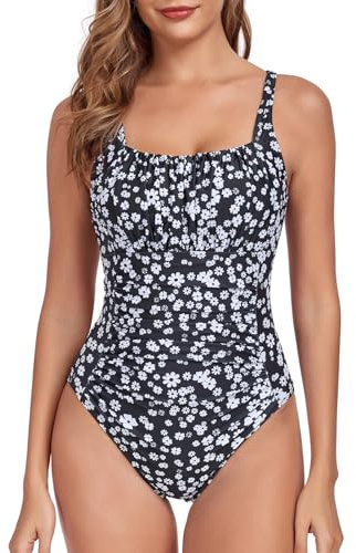 FLYILY Maillot de Bain 1 Pieces pour Femme Vintage Ruché Swimsuit Femme Maillots Une Pièce Le Contrôle du Ventre(Blackwhite,XXL)