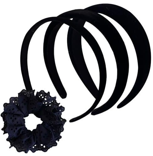 3 Pièce Serre Tete Femme + 1 Pièce Chouchous Noir Bandeau Cheveux Femme Maquillage Serre Tête Velours Accessoires Cheveux 3 Tailles Bandeaux pour Cheveux Headband pour Filles