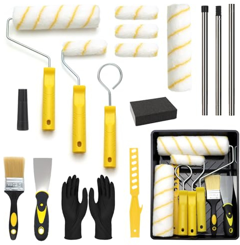 Topsky 19-teiliges Malerroller Set mit 1m Teleskopstange | Rollergrößen 23 & 11cm, inkl. Pinsel, Schaber, Farbwanne & Handschuhe, geeignet für Wandfarbe und Lacke