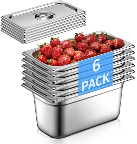 FOHERE GN 1/3 Gastronormbehälter Edelstahl mit Deckel, 6 Stück Behälter, 33 x 18 x 15 cm, Speisebehälter, Kommerzieller Warmhaltebehälter für Speisen, Torten, Hotelpfanne Tisch Food Pan