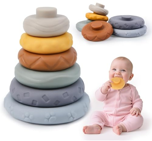 Aitsite 6PCS Stacking Rings Baby Toys 0-6 Months, Stacking Toys Squeeze Teething baby Toys, Soft Building stacking Rings Educational Toy Gifts for 0 6 12 18 Months Baby Toddler Boys Girls