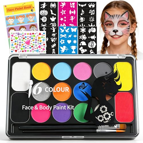 Mekkyes Kinderschminke Set, 16 Farben Schminkfarben Schminkpalette, Schminke Kinder mit 4 große Farben, 52 Schablonen, 1 Strassaufkleber, Ideal Kinderschminken für Halloween Karneval Fasching Ostern