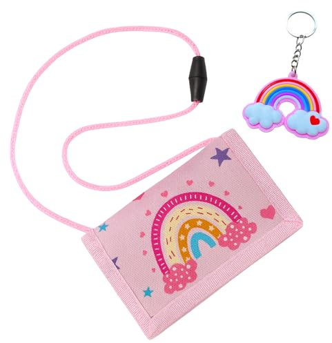 SSKHE Regenbogen Kinder Portemonnaie Set – 1 Regenbogen-Muster Portmonee + 1 Regenbogen-Schlüsselanhänger, Mädchen Brustbeutel für Schule, Ausflüge & Reisen, Buntes Design für Kinder