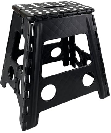 VELLUSTRA 39cm Tritthocker Klappbar, Schwarz Faltbarer Hocker, Bis 150kg Belastbar, Tragbarer Klapphocker mit Praktischem Tragegriff für Kinder und Erwachsene, Ideal für Küche und Büro