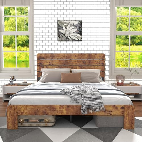 Bladez Holzdoppelbett Antikes Holzbettgestell mit stabilem Eisenlattenrost & hohem Kopfteil, Massivholz-Optik Bett für Erwachsene, Jugendliche & Gäste, Robuster Eisenrohrrahmen (Brown, 160cm*200cm)