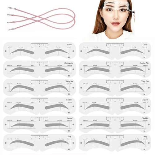 Augenbrauen Schablonen Set für Anfänger | 12-teilig wiederverwendbar mit 6 Formen & Halteband Das perfekte DIY-Make-up-Werkzeug für langanhaltende Beauty-Resultate zuhause