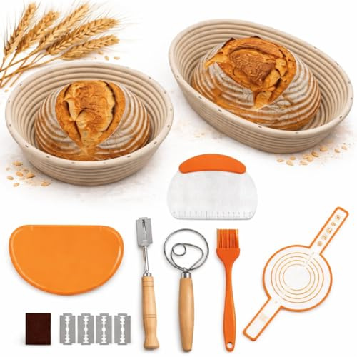 13 PCS Banneton Bread Proofing Basket Set, 9-Inch Round & 11-Inch Oval Sourdough Proving Baskets, 100% Natural Rattan with Silicone Bread Liner, Bread Lame, Dough Whisk, Scrapers & Silicone Brush