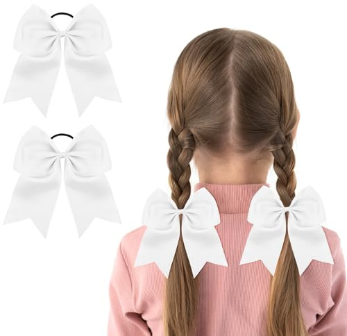 LOPHE Elastische Haargummis mit Schleife für Mädchen, 2 Stück Weiche Schleifen Haarbänder, Baby Kinder Haarschmuck Pferdeschwanzhalter Bunt (4# Weiß)