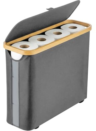 SUNNYNEST 30L Toilet Paper Storage Basket with Lid, Slim Toilet Roll Holder with Bamboo Frame, Foldable Bathroom Storage Bin for 9–12 Rolls, Space-Saving Organizer for Small Bathrooms (Gray A)