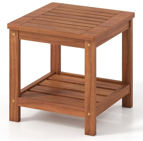 COSTWAY Garden Side Table, 2-Tier Solid Wood Small Patio Coffee Table with Slatted Storage Shelf, Indoor Outdoor Square End Snack Tea Tables for Balcony, Yard and Poolside (Hardwood, 45x45x44cm)