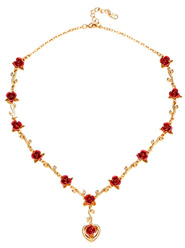 U7 Exquisite Red Rose Necklace with Heart Pendant, Romantic Love Gift, 18K Gold Plated Vintage Women's Jewelry Rose Flowers Choker (Sent with Gift Box), N2831K