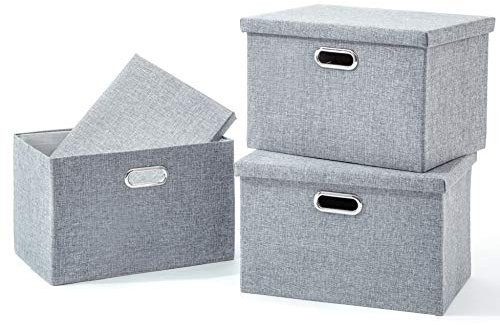 AlphaHome Set of 3 Storage Boxes with Lid, Collapsible Storage Basket for Closet and Shelf (Glaucous Grey, XLarge - 3 Pack)