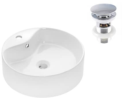 VBChome Waschbecken 41 cm Keramik Weiß Oval Pop-up ventil Click-Clack Waschtisch Handwaschbecken Aufsatzwaschbecken Waschschale Gäste WC