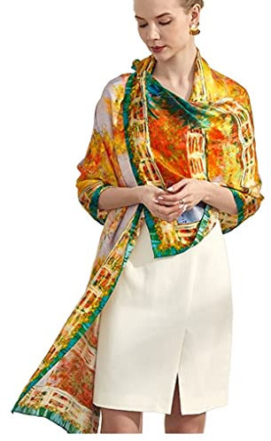 Prettystern large ladies silk stole for evening dress XL silk scarf Monet water lily pond and Japanese bridge P787