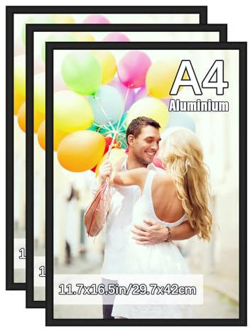 Veelot® 3x Cadre Photo DIN A4 21x29.7cm,Métal Aluminium,Noir Mat,Grand Tableau 21x30cm Cadre Décoration Dessin Diplôme,Montage Mural ou Affichage sur Table