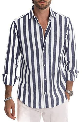 Meilicloth Mens Shirts Long Sleeve Button Down Casual Linen Spring Summer Beach Shirt for Men Navy Blue