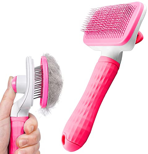 Dog Brush Cat Grooming Comb,Self Cleaning Pet Slicker Brushes with Smooth handle,Dog Grooming Tool with Button for Pet Shedding Brush Cat Massage Clean Tangled