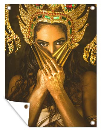 MuchoWow Outdoor-Poster Poster Wanddeko draußen Deko Garten Gartenposter 60x80 cm Frau - Gold - Krone