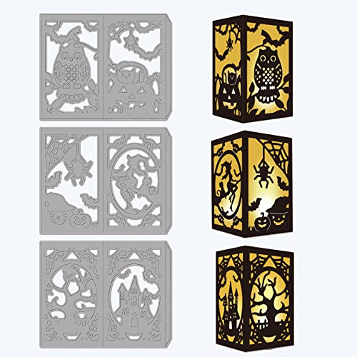 GLOBLELAND Halloween-Laterne Prägeschablone Geisterhexe Kürbis Spinnennetz Eule Zweige Tiere Schloss Karbonstahl Stanzschablonen-Set für Karten Scrapbooking Karten Basteln