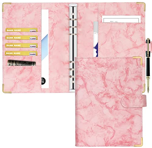 Toplive Leder-A5-Ordner, 6 runde Ringordner, Planer, Notizbuchhülle für A5-Füllpapier (Innenpapier nicht im Lieferumfang enthalten), Marmor Rosa