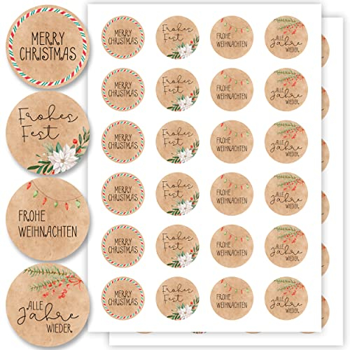 Aufkleber für Weihnachten (48 Sticker) - Weihnachtsaufkleber zum Beschriften für Geschenke - Weihnachtssticker Rund - Weihnachts Etiketten für Beschriftung - Selbstklebend - Kraftpapier-Optik Floral