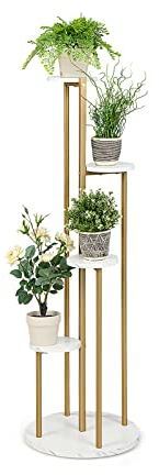 COSTWAY Pflanzenständer Metall 4 Etagen, Blumentreppe für Topfpflanzen, Blumentopfhalter in Leiterform, Kunstmarmor Oberfläche & Goldenes Gestell, Pflanzenregal für Zuhause Balkon (Golden)