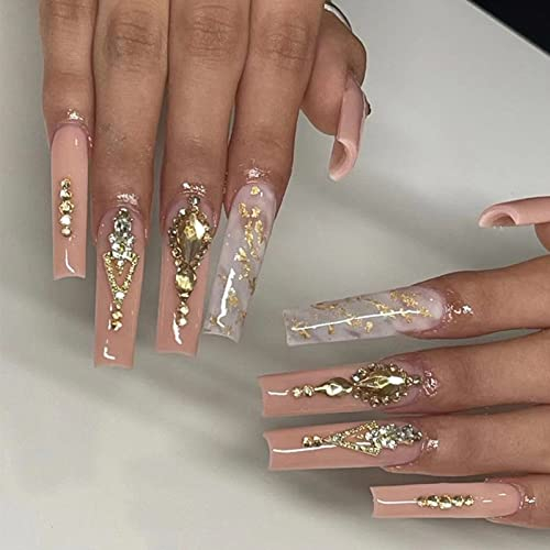 JUSTOTRY 24 Pièces Marble Faux Ongles Long, French Press on Nails avec Rhinestone, Coffin Faux Ongle avec Colle Pour Femme et Fille, Ballerina Faux Ongles à Coller Nail Art