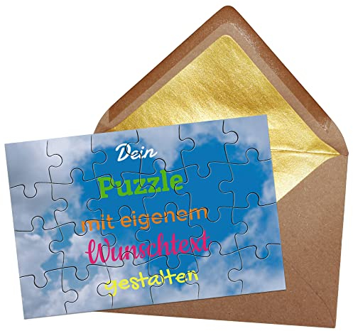 Puzzle selbst gestalten mit Text - 24 Teile Puzzle Personalisieren mit Wunschtext, inkl. Briefumschlag mit Gold-Inlay | Hintergrund Wolken Herz