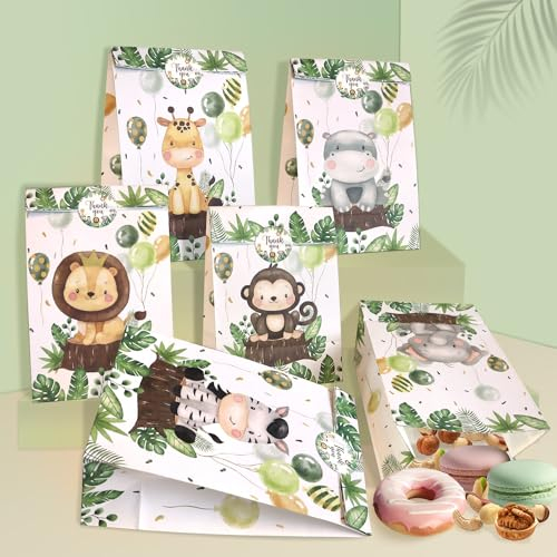 Heboland Sacchetti di Carta per Bambini, 24Pcs Sacchetti Regalo Animali con 30 Adesivi, Sacchetto Regalo Giungla per Confezionare Regali, Regali di Compleanno per Bambini, Feste