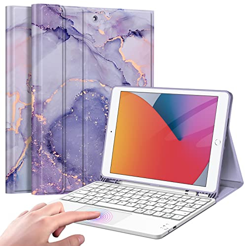 Fintie Tastatur Hülle für iPad (9. / 8. und 7. Generation - 2021/2020/2019), iPad 10.2 Zoll Deutscher Tastatur mit Touchpad Magnetisch Abnehmbarer Keyboard, Marmor Lila