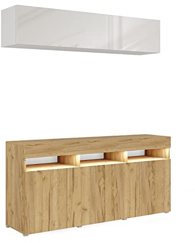 BROMARKT Premium Wohnwand Wohnzimmer Set 2 Teile - Wohnzimmer Schrank - Wohnzimmer Möbel mit Kommode - Wohnwand Modern - Wohnzimmerschrank Komplett Möbel - Hochglanz Weiß und Eiche Craft