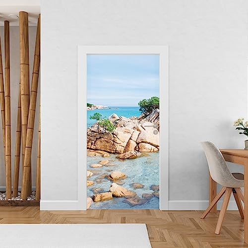 Sticker Mural Porte Voyage Ile Paradisiaque - Trompe Oeil - Rochers - Autocollant Mural - Poster de Porte - Stickers Muraux (93x205 cm)