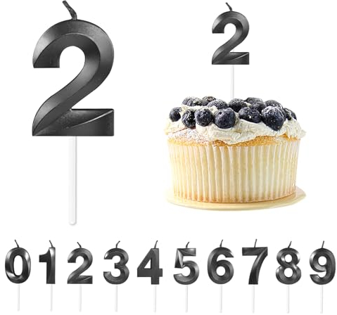 Realjoy Geburtstag Nummer Kerzen, Schwarze 3D Geburtstagskerzen mit Zahlen 5 cm Kerzen Zahlen Geburtstag für Torte, Tortendeko Geburtstag mit Kerzen für Geburtstag Jahrestag Partys, Nummer 2