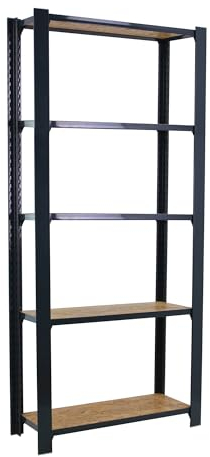 SimonRack Metallregal, 5 Regalböden, Holz, hohe Tragfähigkeit 200 kg, 2100 x 800 x 300 mm, Regal für Büro, Anthrazit/Holz Osb
